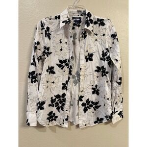 Chaps No Iron Shirt Womens Medium Black White Floral Cotton Button Down Long Slv